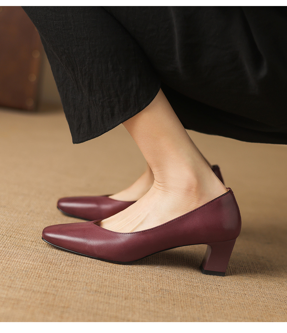 Giày da bò nữ mũi tròn bít gót thô 5 cm phong cách công sở — đen chi tiết 8