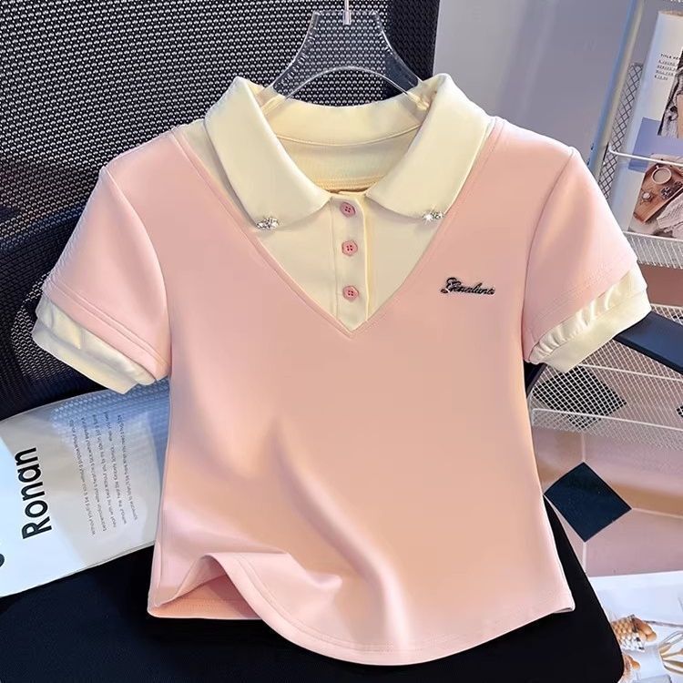 Fake Two-Piece Polo Collar Short-Sleeve T-Shirt for Women, 2026 Summer New Design, Niche Style, Slim-Fit Short Top