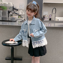 女童牛仔外套2025春秋新款中大童韩版休闲翻领蕾丝拼接牛仔衣夹克