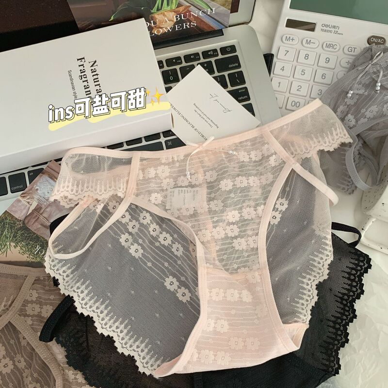 French Pure Black Sexy Thin Belt Semi-Transparent Hollow Jacquard Lace Underwear Women's Cotton Crotch Mid-Waist Hip Briefs