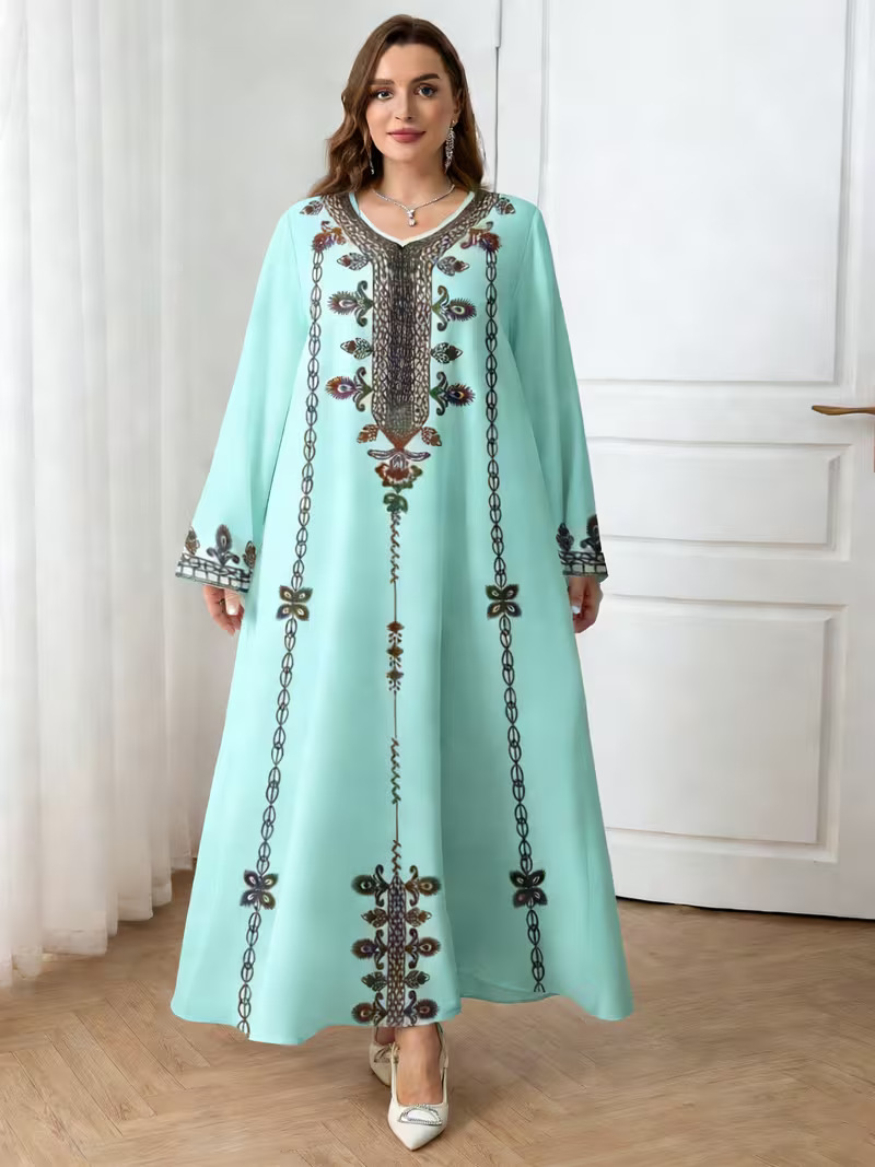 Middle Eastern Cross-border Muslim Women's V-neck Printed Loose Elegant Robe Ethnic Style Long-sleeved Dress Custom-made_ecoleips.com