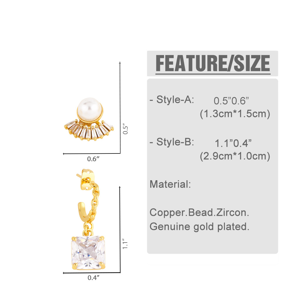 Fashion Square Copper Drop Earrings Inlay Pearl Zircon Copper Earrings