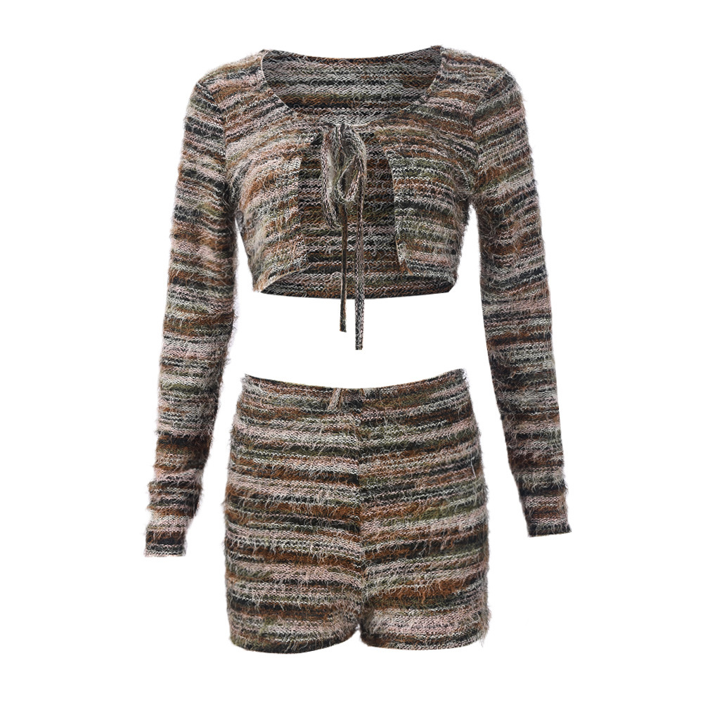 Women Clothing Autumn Winter Pine Needle Wool Exposed Cropped Hollow Out Cutout out Strap Short Shipment Long Sleeve Two Piece sets