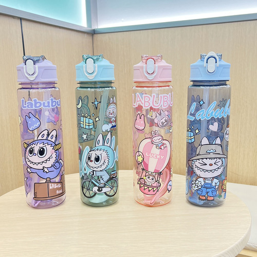 Cartoon Large Capacity Travel Water Bottle, Portable Straw Cord Printed Transparent Plastic Space Water Bottle, On-the-Go Cup