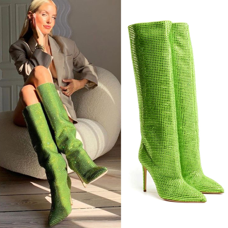 Cross-border foreign trade Europe and the United States all over the sky star rhinestone pointed thin heel super high heel knee-length boots fashion boots plus size women's shoes