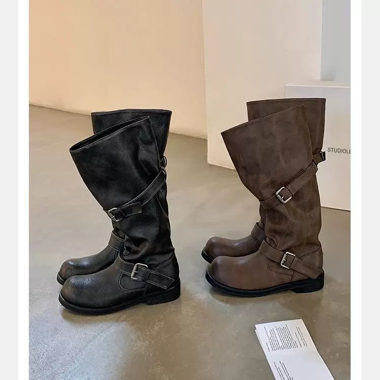 葡萄妈同款 宽筒大筒围圆头裤管靴粗跟厚底真皮中长筒骑士靴女冬