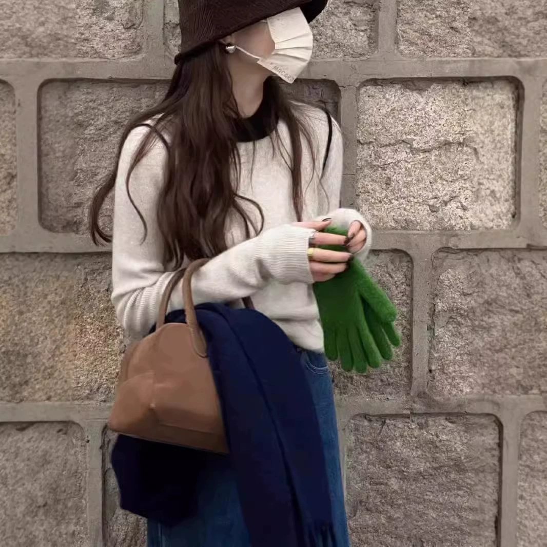 Knit spring sweater, slim fit, round collar, long sleeve, one size (colors: gray/white/black/apricot)