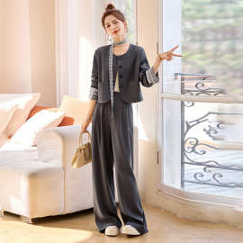 春季新品时尚气质蕾丝拼接外套阔腿裤两件套套装 RX9208