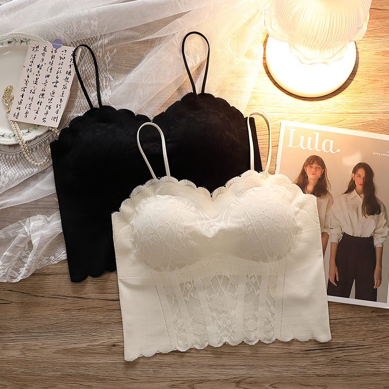 New French lace suspender vest with chest pads, markless ice silk fixed cup beautiful back suspender vest for women