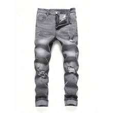 R 43050 Men's Gray Ripped Straight Jeans ��ʿ�Һ��ƶ�ֱͲ��