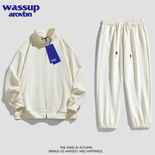 WASSUP春秋季休闲夹克时尚外套男高级感痞帅宽纯色纹运动套装