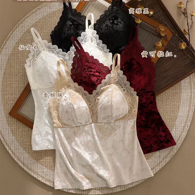 Autumn and Winter Golden Velvet Lace Beautiful Back plus size Camisole Sexy Push-up Fixed Cup Base Underwear Outer Wear Top