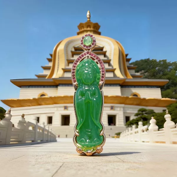 Ethnic Style High-Quality Imitation Green Chalcedony Guanyin Pendant with Diamond-Studded Necklace for Women, High-End Light Luxury Jewelry That Won'T Fade over Time
