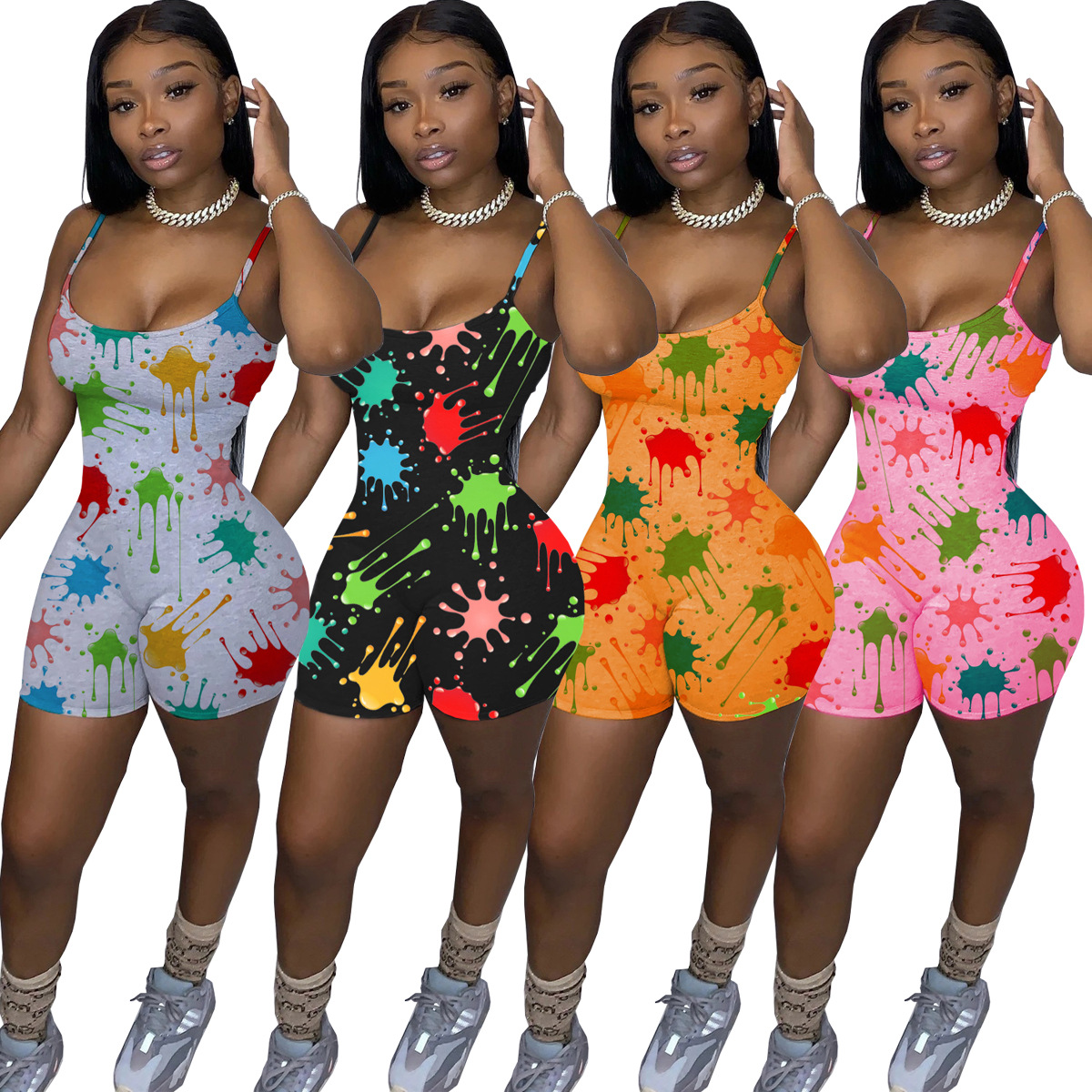 fashion sexy suspenders graffiti print jumpsuit NSSJW58847