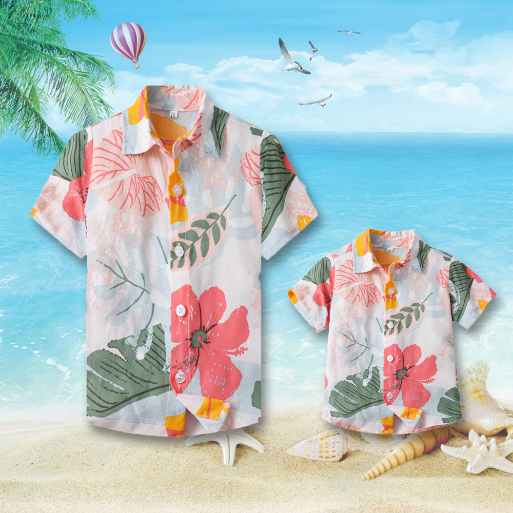 Ropa de verano para padres e hijos, estilo de vacaciones, solapa de manga corta, camisa fina informal, comercio exterior, ropa familiar hawaiana al por mayor