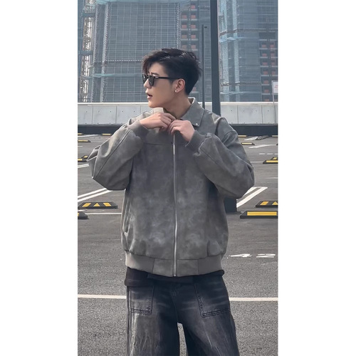 Cleanfit gray short leather jacket, American cool, high-end men's clothing, retro stand-up biker leather jacket