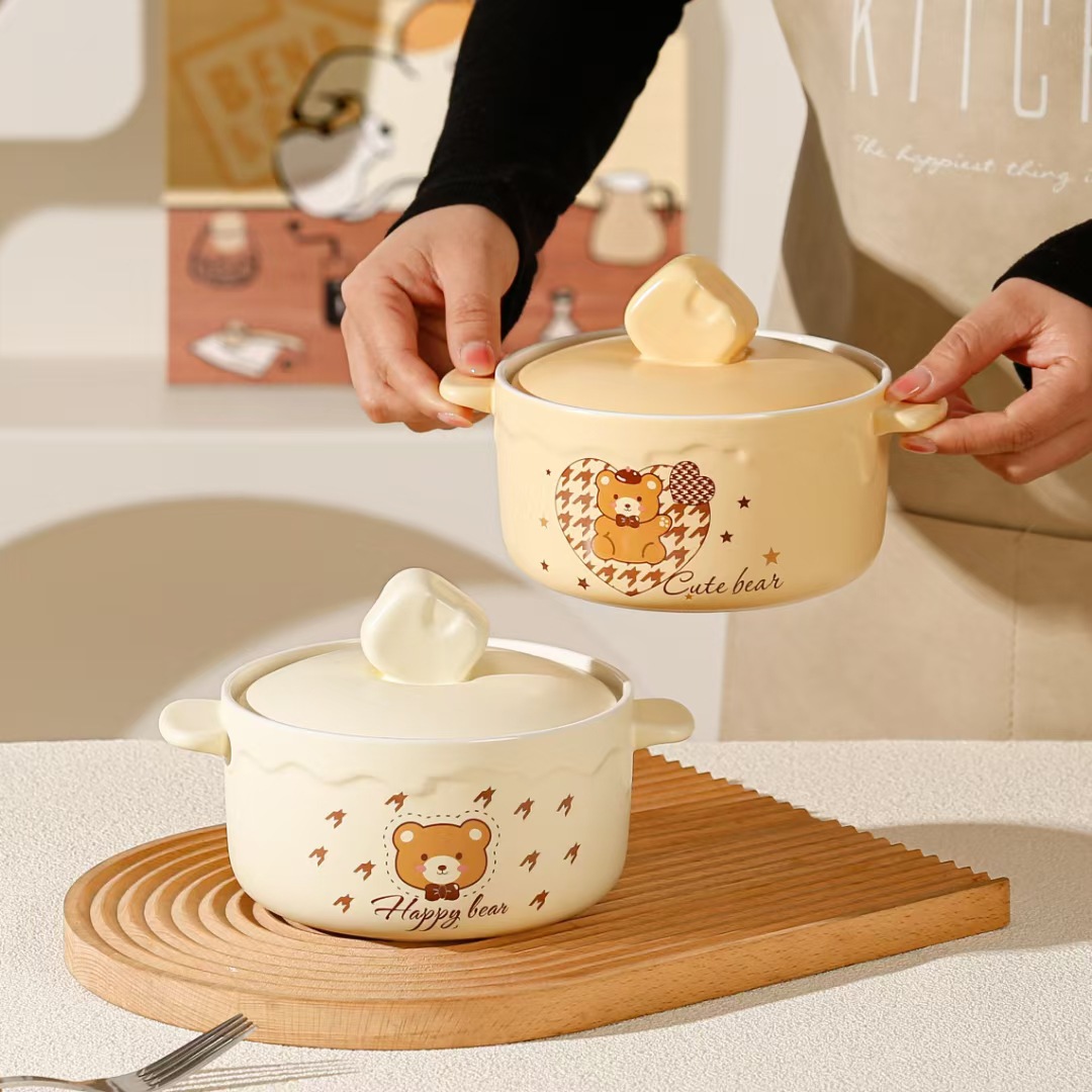 Creativo y lindo oso cerámico bol de fideos de alta cara regalo de dibujos animados leche fu fu bol de ensalada de orejas tazón de gran capacidad image 1