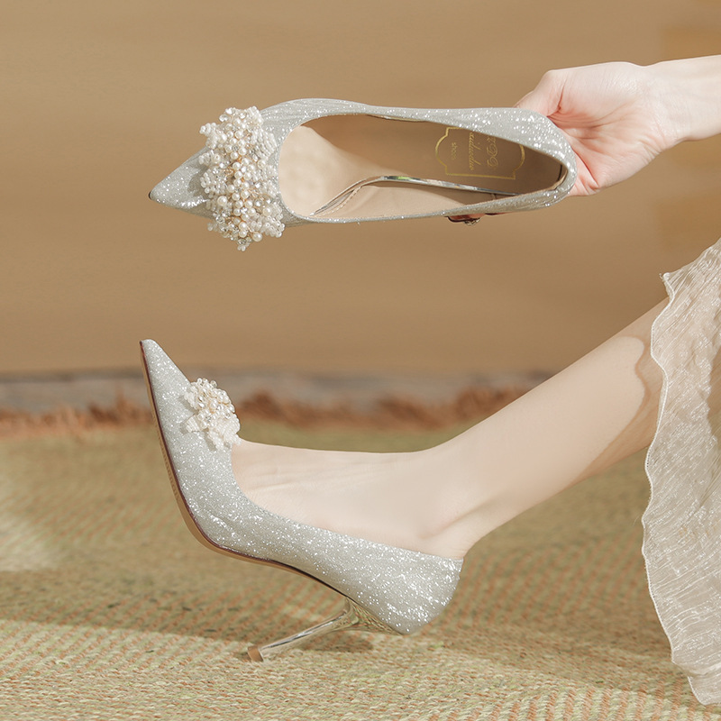 Plus Size French High Heels for Women 34 to 42 Feet Wide Feet Fat Pointed Toe Stiletto Pearl Bridal Wedding Shoes Bridesmaid Dress Shoes