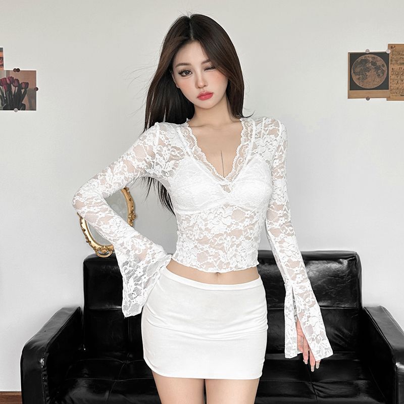 Pure Desire Sexy Spice Girl V-neck Hollow-out Long-sleeved T-shirt Women's Design Sense Perspective High-end Slimming Short Cropped Top