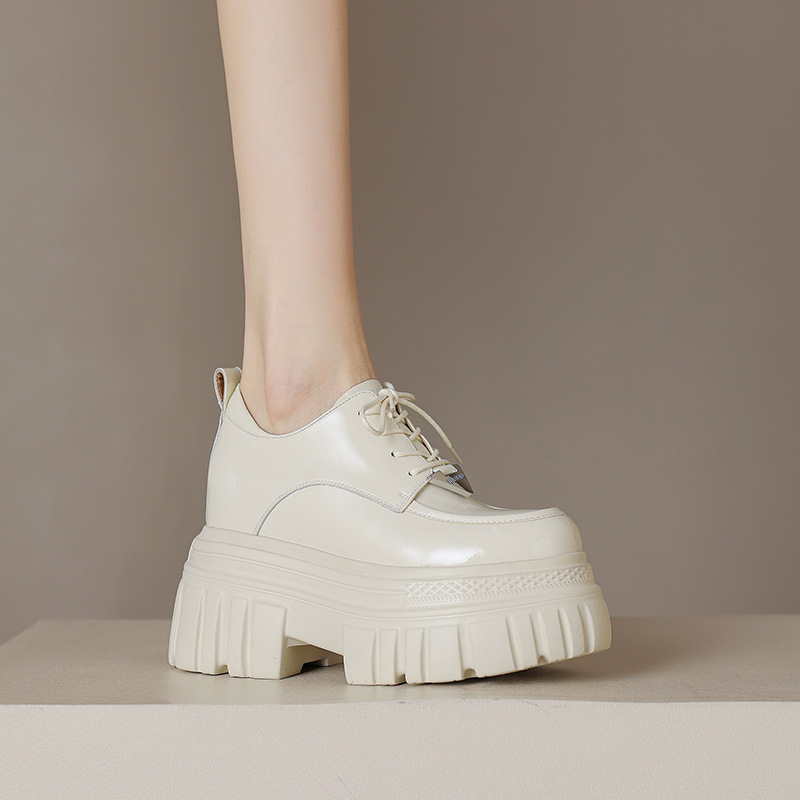 Giày loafer nữ đế xuồng platform buộc dây, gót ẩn tăng chiều cao — màu đen