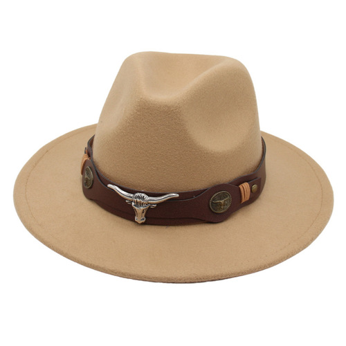 Foreign Trade Bullhead Top Hat Belt Buckle Jazz Hat for Men & Women Felt Hat Leather Riding Hat Western Wool Hat Ethnic Style