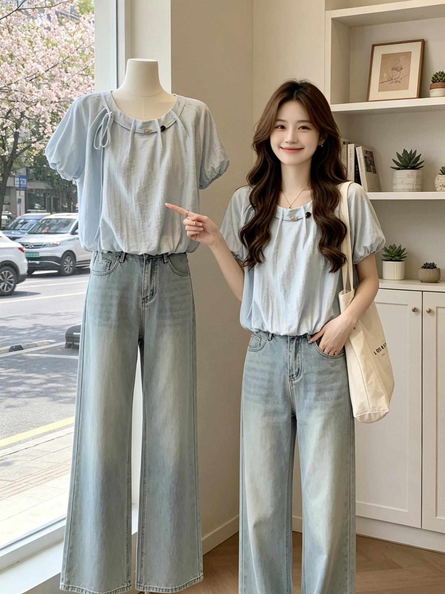Áo thun nữ tay ngắn cổ tròn chất liệu chiffon phối cườm tay bồng — màu xanh nhạt