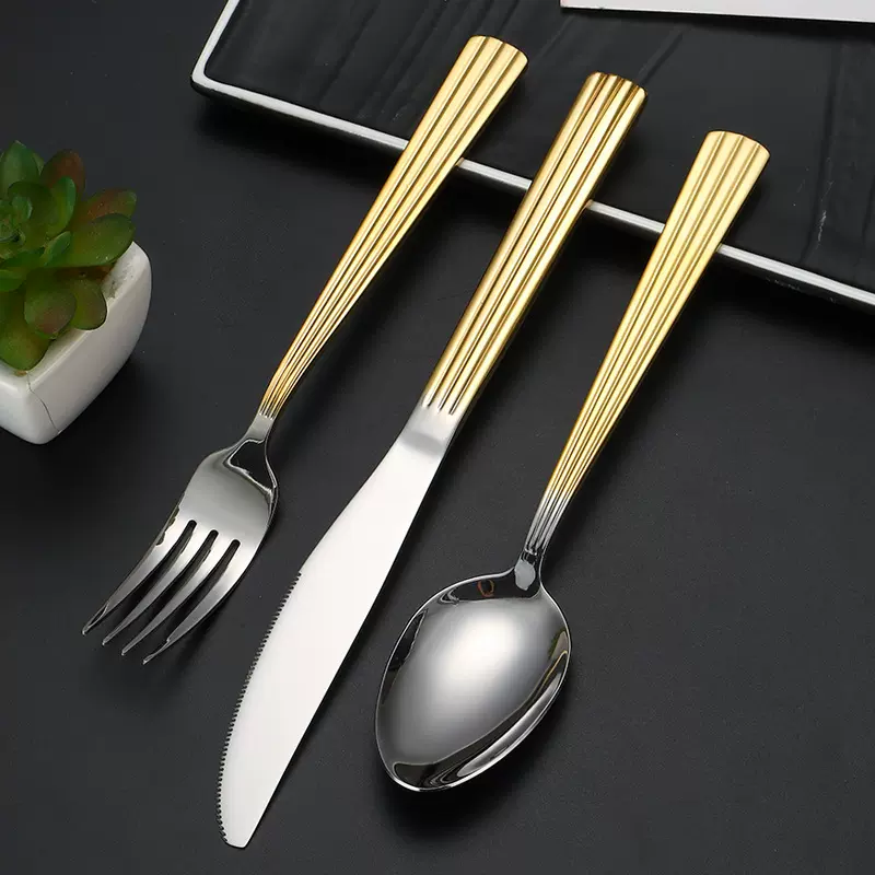 304不锈钢方柄餐具金色镀钛竖条纹刀叉勺4组件酒店用品西餐餐具