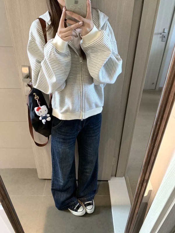 美式复古慵懒风条纹连帽卫衣女秋季2025新款小狗刺绣拉链开衫外套|undefined