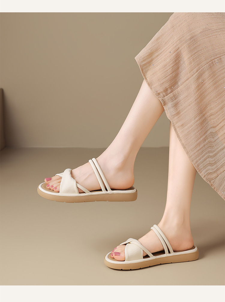 Dép sandal nữ xỏ ngón đế bệt quai ngang phong cách beach — LI51 Màu be chi tiết 15