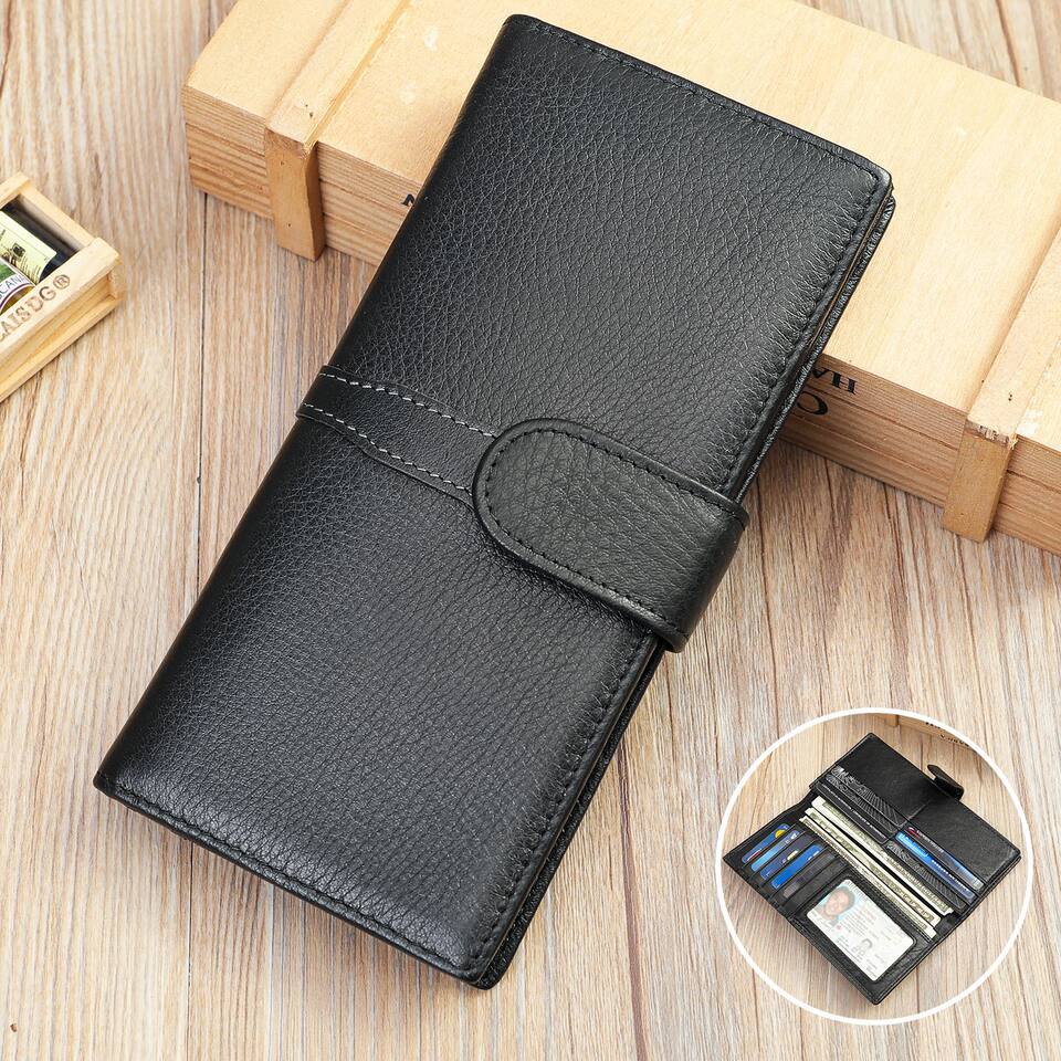Ví nam da bò thật dài nhiều ngăn đựng thẻ, chống nước, khóa bấm tiện lợi — Toàn bộ màu đen mẫu ngắn, Mẫu dài màu đen