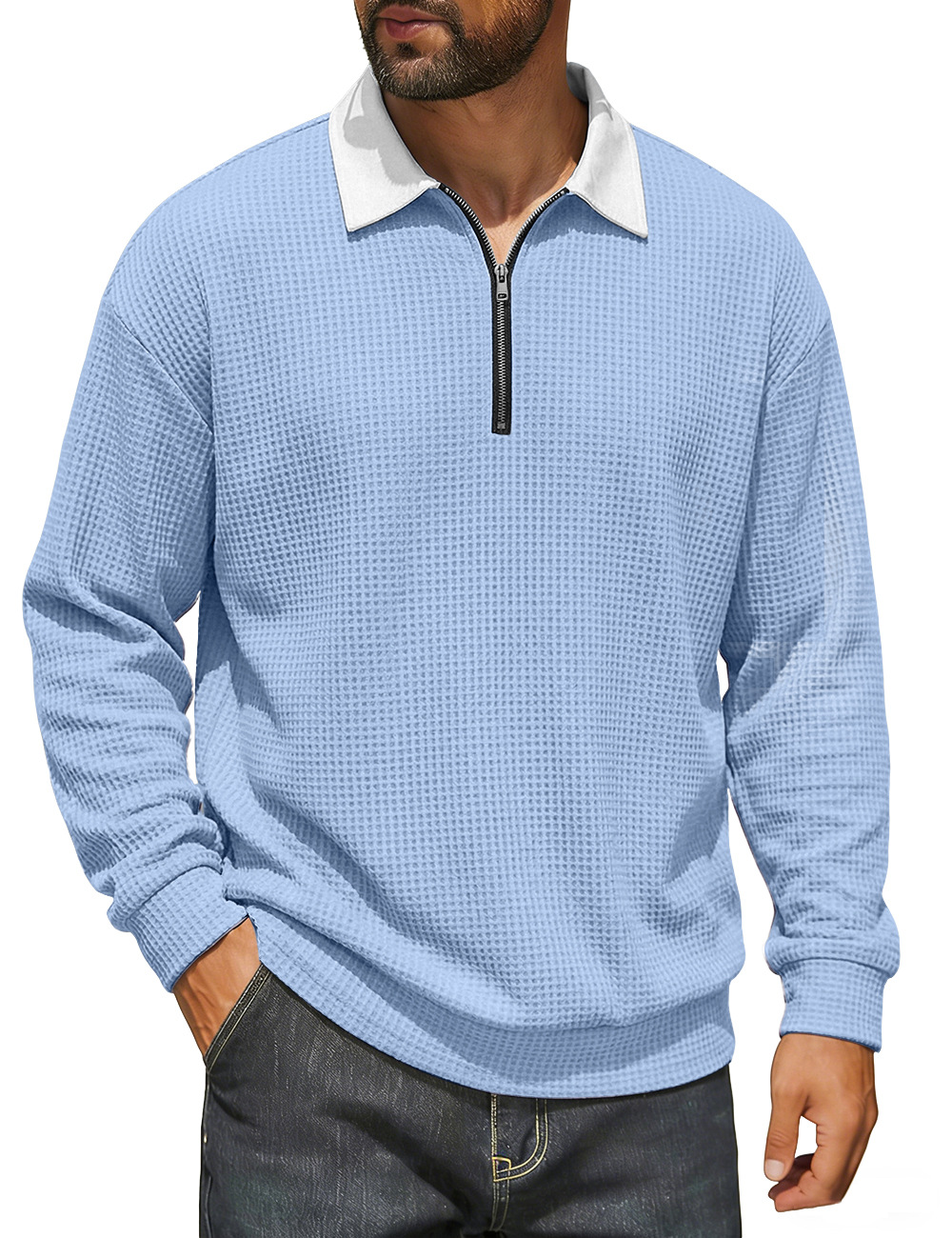 Europa y los Estados Unidos de la nueva primavera de hombres con solapa semiacremallera Waffle color superior americano casual comercio exterior jersey