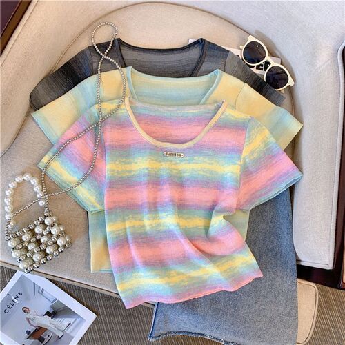 Dopamine Color Block Striped T-Shirt for Women - Summer Design Inspired, Unique Knit Short Sleeve Sweet and Spicy Style Short Top