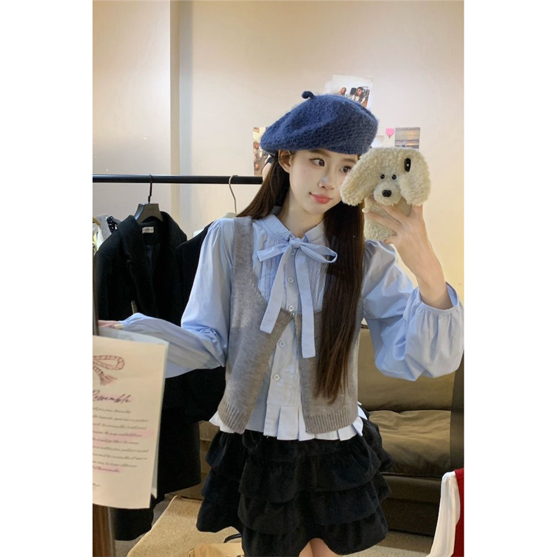 秋冬款公主韩版系带长袖衬衫叠穿简约针织马甲背心日系甜美两件套