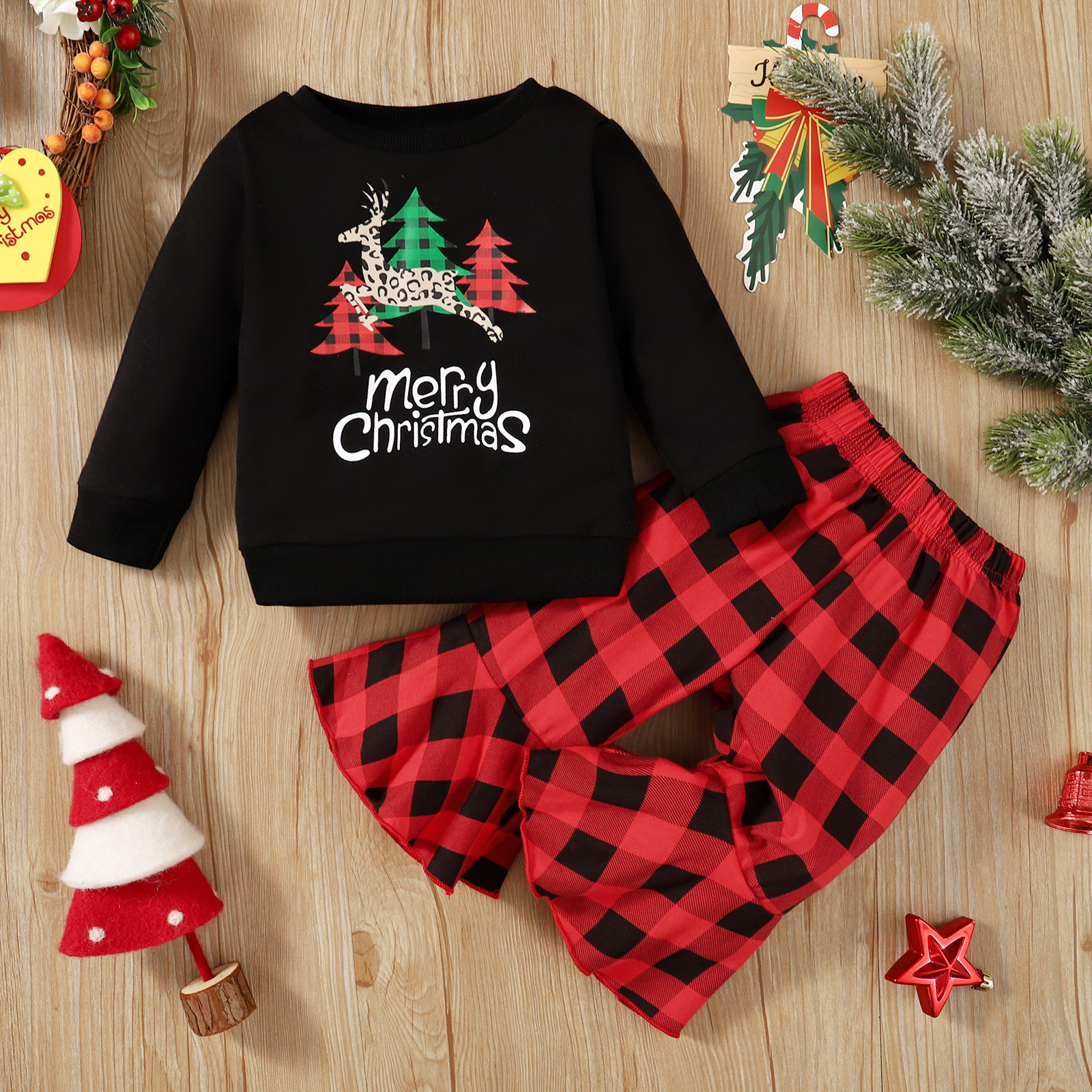 Christmas Fashion Christmas Tree Letter Plaid Patchwork 100% Cotton Girls Clothing Sets display picture 3