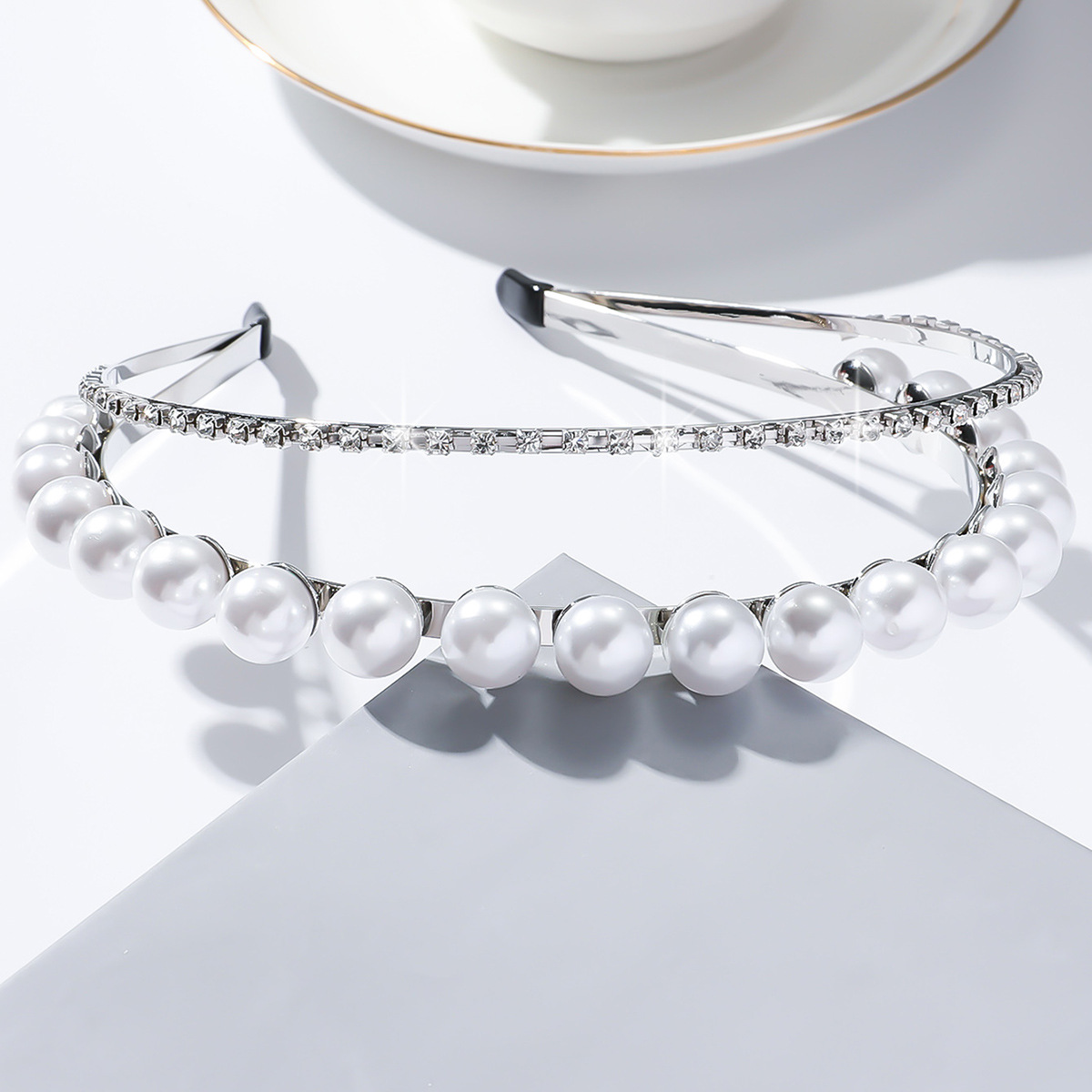 Nueva versión coreana de joyas para el cabello de diamante de perla doble cinturón de cabello de novia simple cinturón de cabello de personalidad europea y americana joyas para el cabello dulce