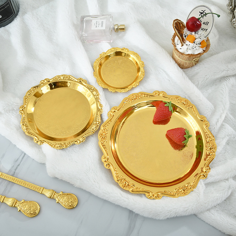 Iron Gold Embossed Small Tray Fruit Snack Cake Dessert Tray Decorative Tray Tea Cup Holder Jewelry Storage Tray
