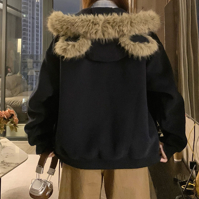 熹凤梨2025秋季新款毛领开衫外套女宽松休闲连帽卫衣情侣外套女|undefined