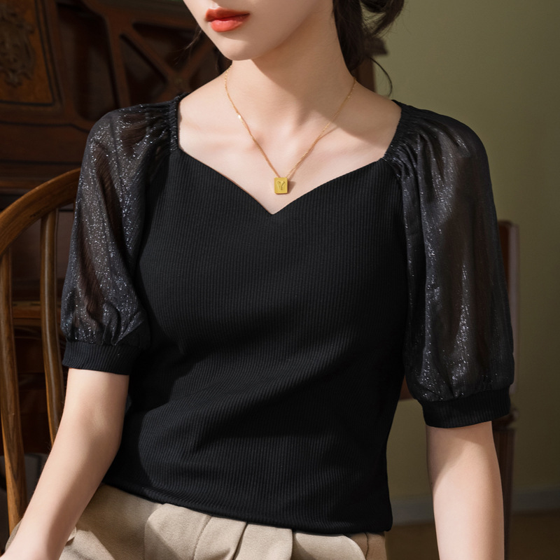 Camiseta modal de manga corta para mujer verano 2023 nueva Camiseta de algodón con costura de gasa para mujer Camiseta de cuello cuadrado de clavícula francesa