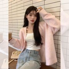 秋季女外套韩系温柔风宽松领百搭春秋中长纯色针织开衫显瘦上衣