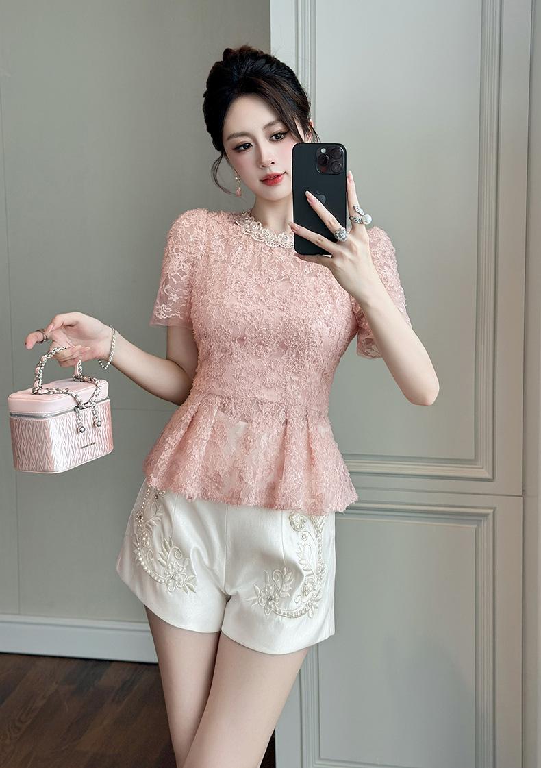 Áo ren hồng xếp nếp ôm eo phong cách ngọt ngào thanh lịch — bột hoa anh đào chi tiết 5
