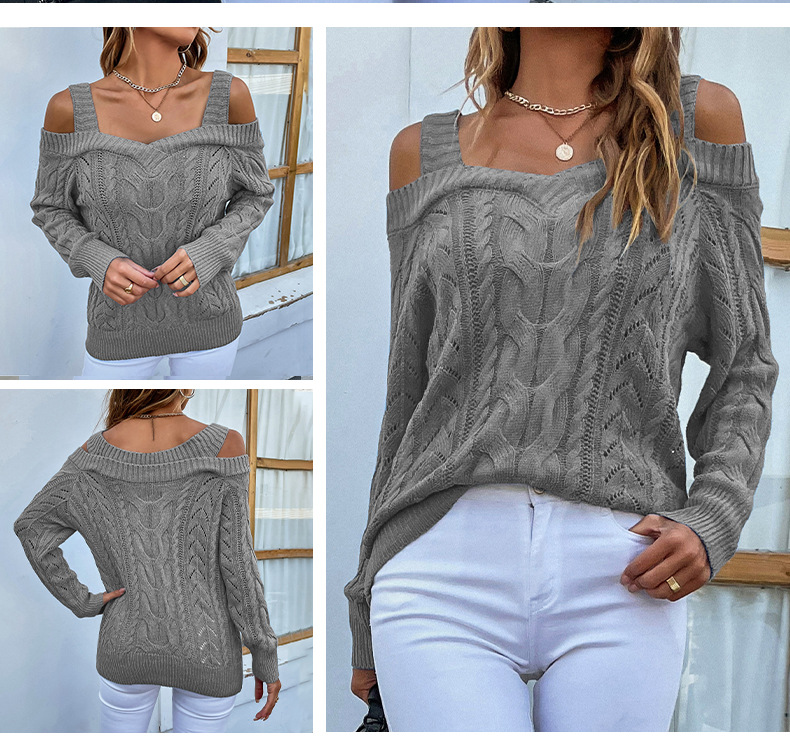 solid color twist off-shoulder long sleeve sling sweater NSMMY138341