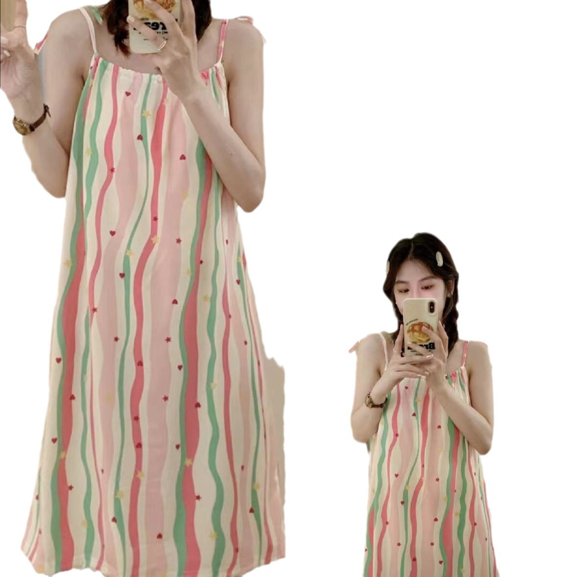 Verano nuevo vestido de dormir de mujer falda media estofado de pecho arco iris de dopamina línea dulce simple vestido casero casual al por mayor