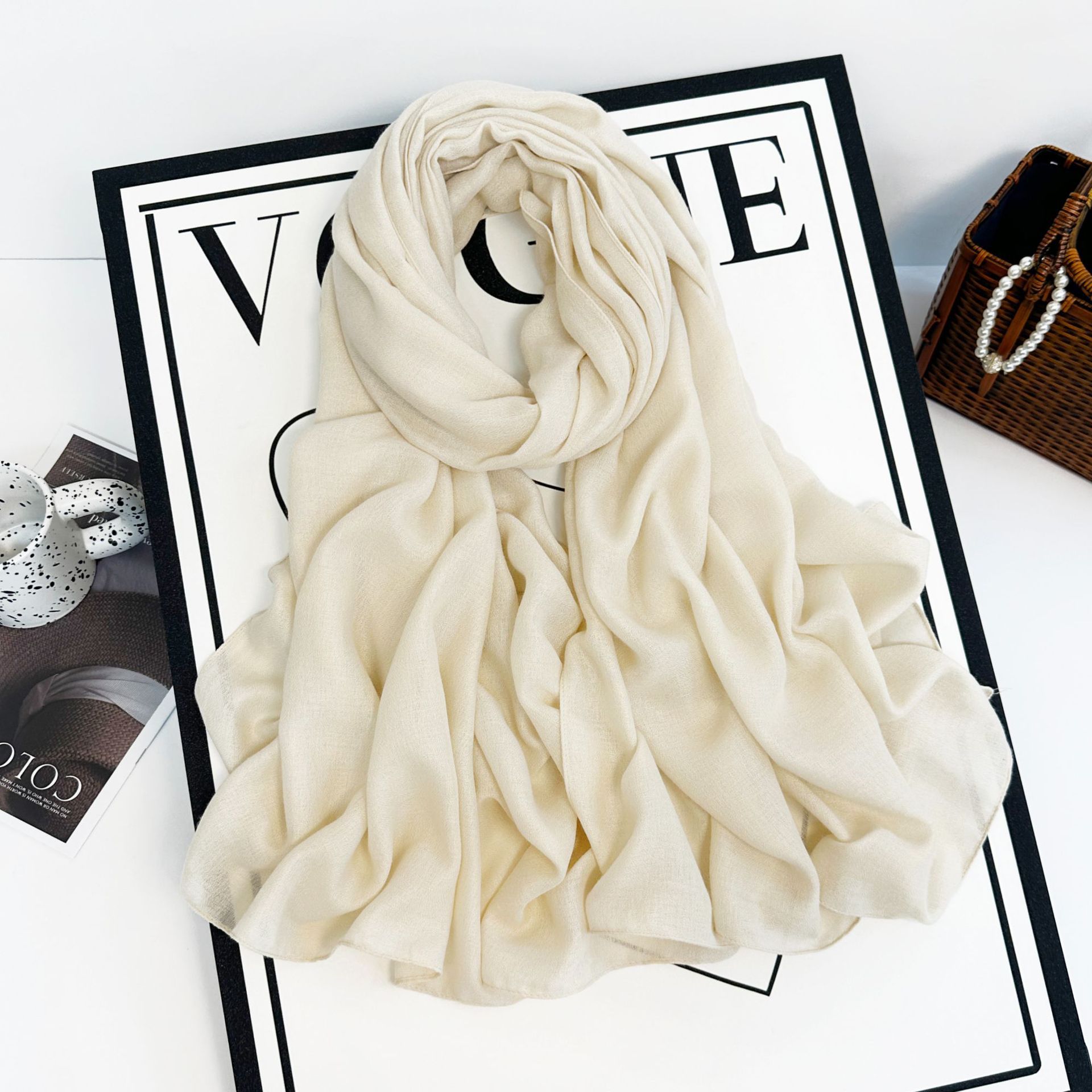 Sciarpa lunga da donna in cotone e canapa 2023 autunno/inverno tinta unita monocromatica multicolore_voghion.com