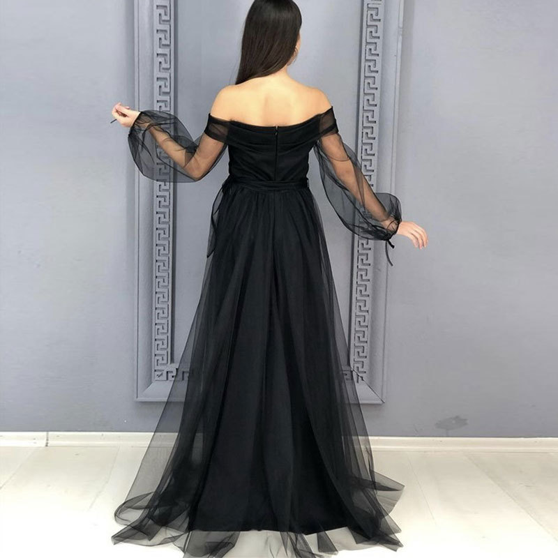 El comercio exterior de Europa y América Amazon AliExpress deseo de las Mujeres Nuevo cuello en V fuera del hombro vestido de noche negro malla de manga larga