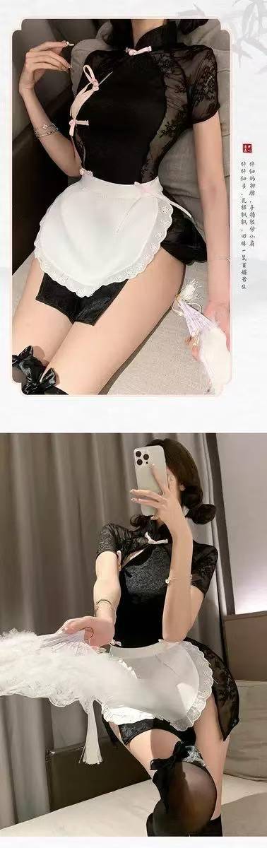 Maid Roleplay Costume Set with Apron and Black Butterfly Stockings, One Size — detail image 7