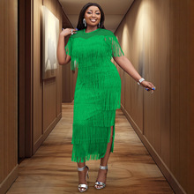 新款大码200斤胖mm圆领透视侧边开叉酒会宴会流苏裙连衣裙女dress