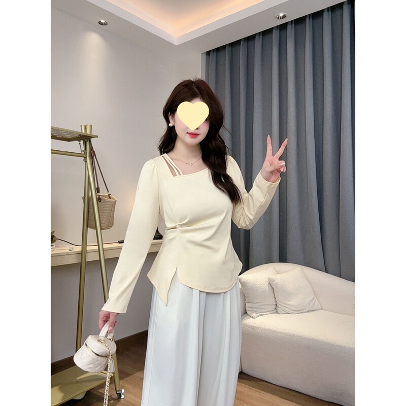 2025秋季新款胖mm不规则镂空斜领T恤气质宽松遮肉显瘦褶皱上衣女|undefined