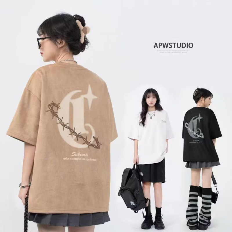 Warm Light Short Sleeve Deerskin Velvet Reflective Earth Print Round Neck Casual Summer T-Shirt Men's Cool Control