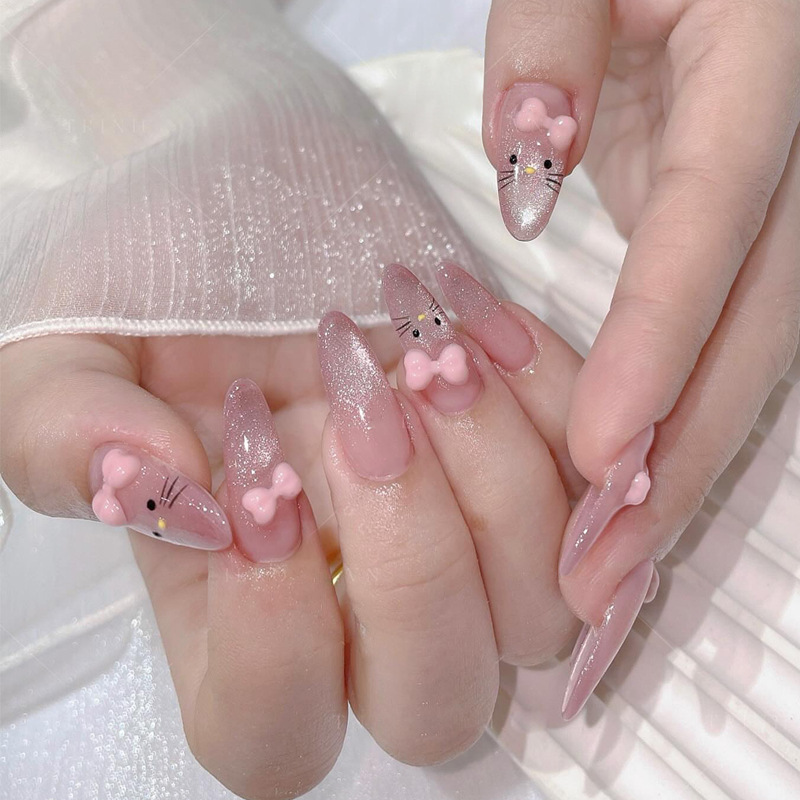 Wearable Long Almond Nails Fake Nails Handmade Bow Cat Manicure Nude Pink Gradient Cat Eye Nail Patch