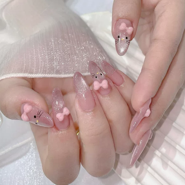 Wearable Long Almond Nails Fake Nails Handmade Bow Cat Manicure Nude Pink Gradient Cat Eye Nail Patch